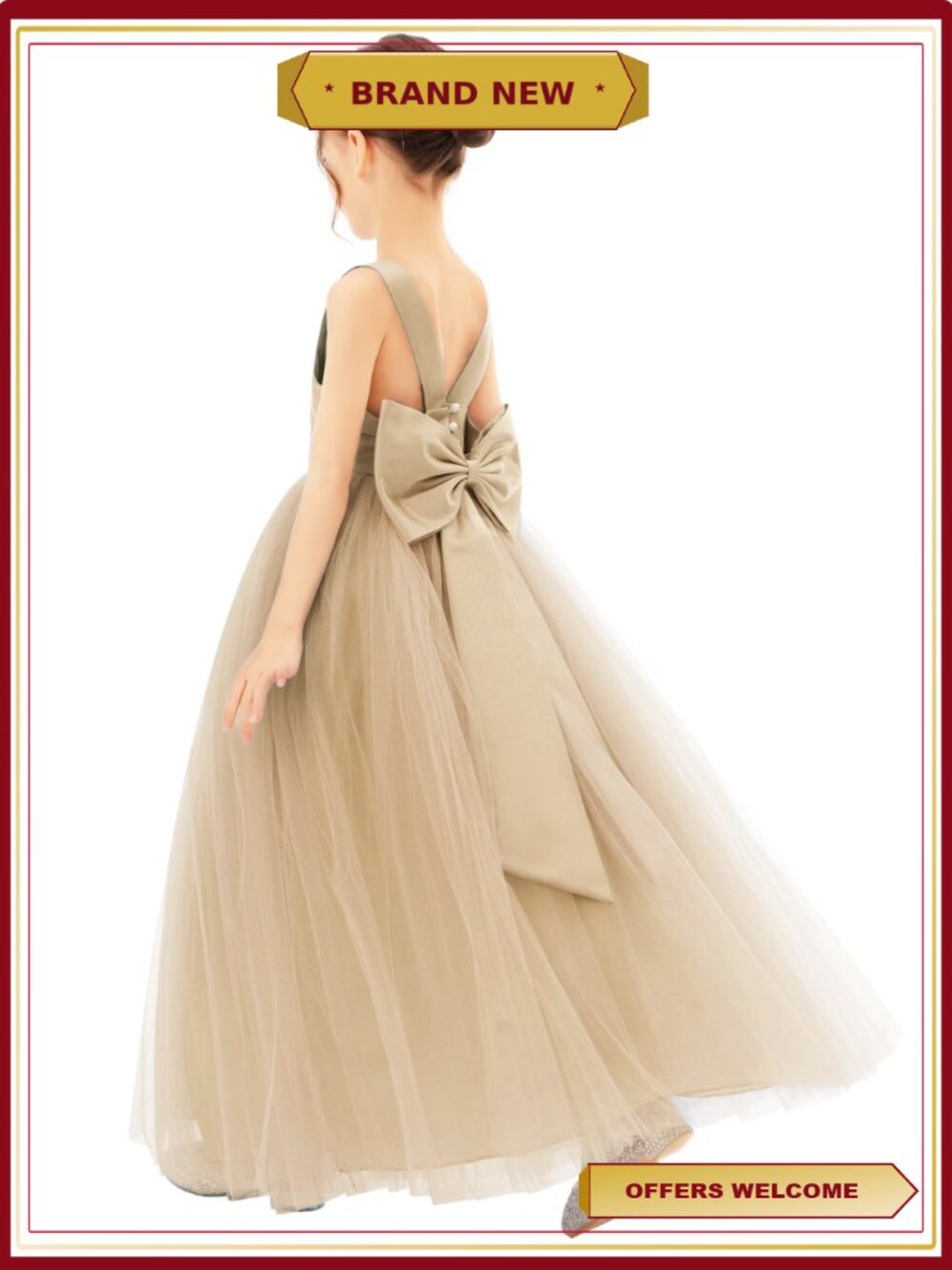 Girl Princess Flower Girl Dress Satin Backless Pre-tied Bow Tulle 6 Layers